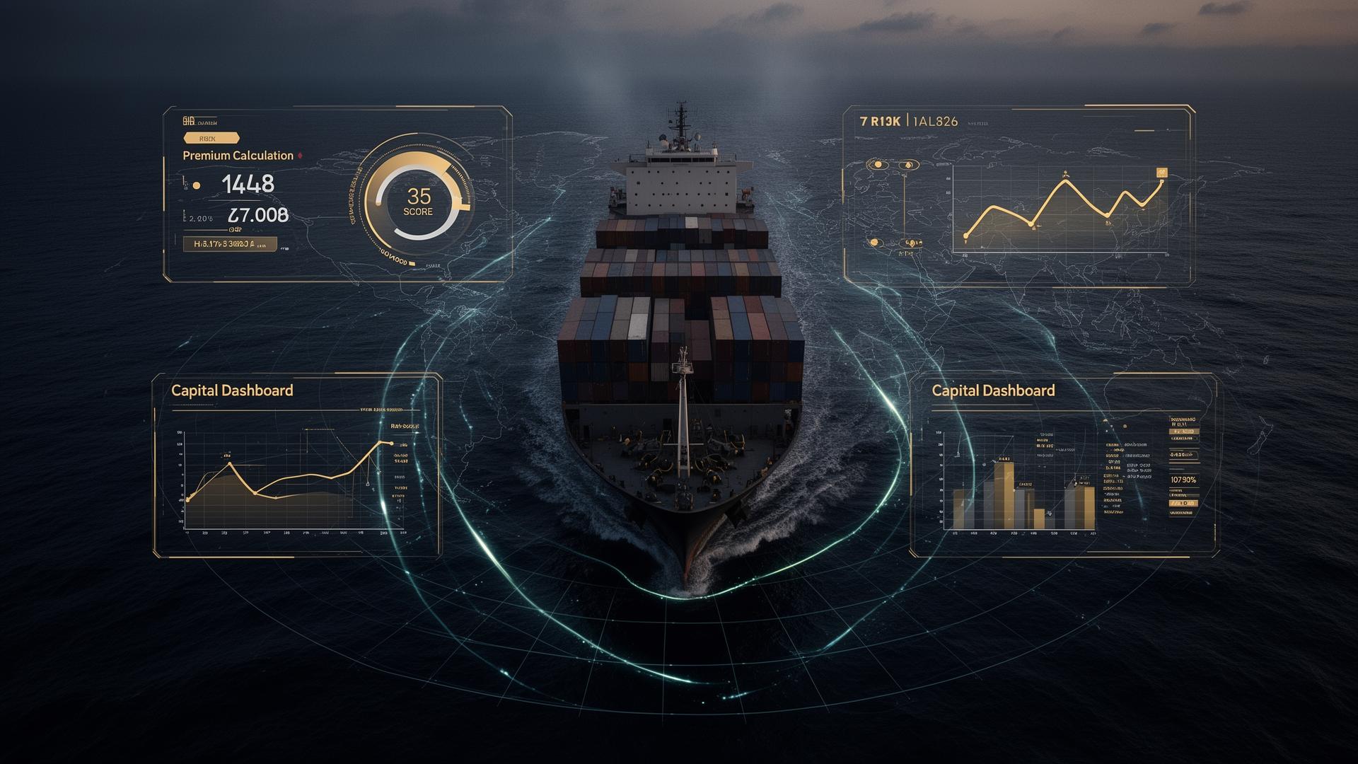 Marine vessel with route lines and risk analytics dashboards